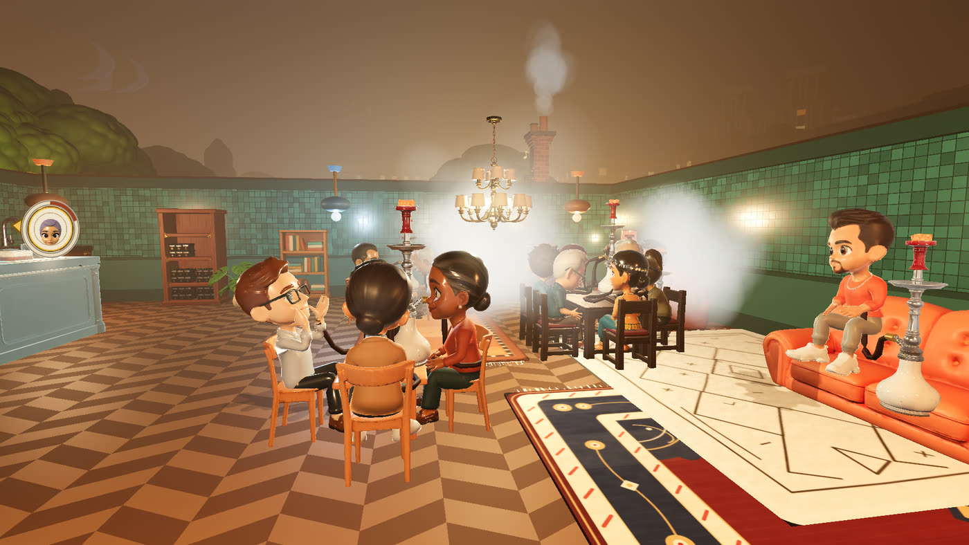 A warm hookah lounge at night, full of guests