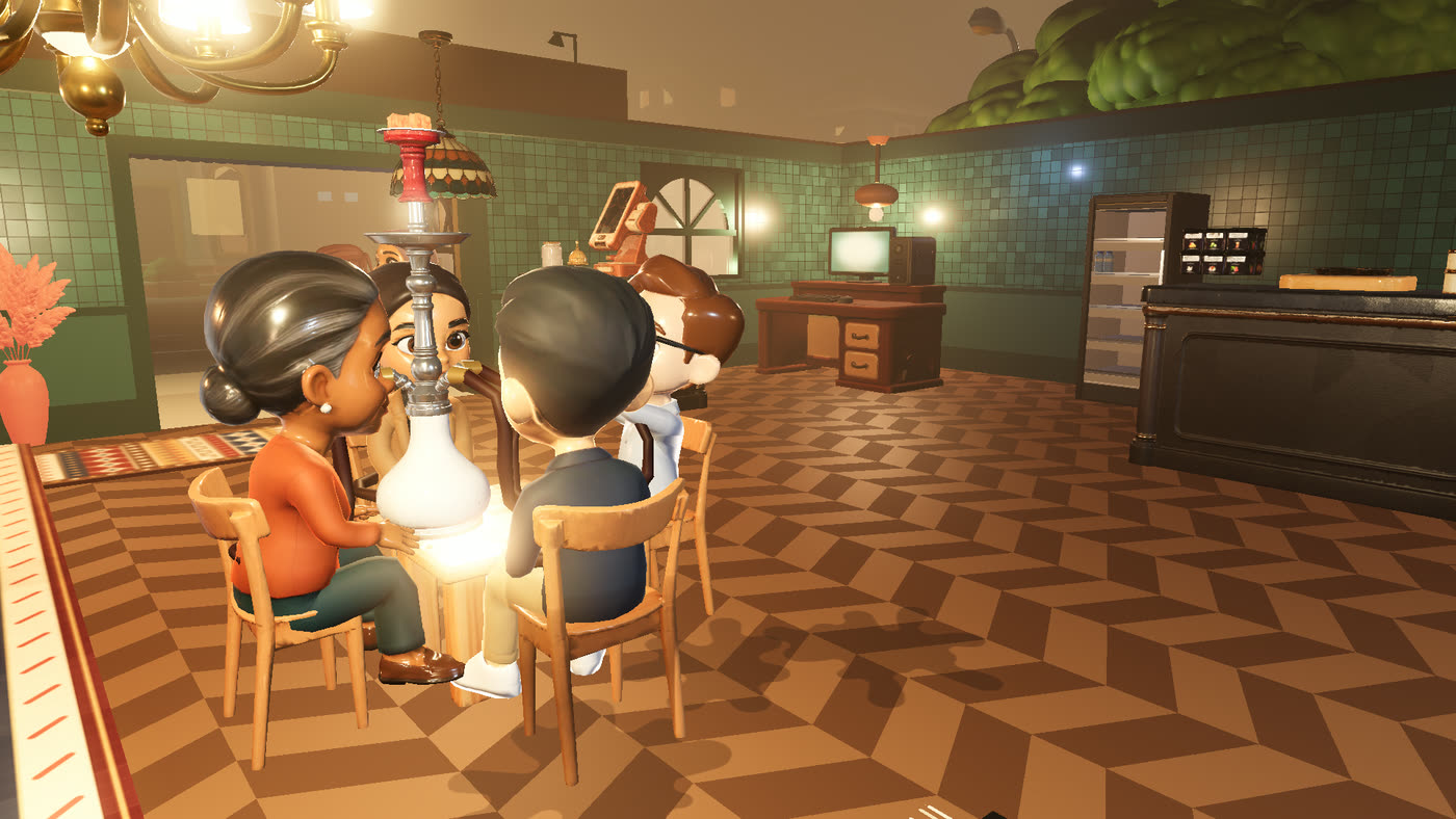 Guests sharing a hookah at a walnut table